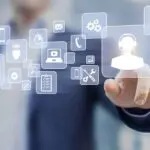 Technical support concept, business person touching helpdesk icon on screen, hotline assistance service available by phone, chat, email or online to solve incident with computer software, smartphone