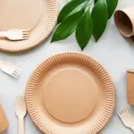 Zero waste, environmentally friendly,  disposable,  cardboard, paper tableware. View from the top.
